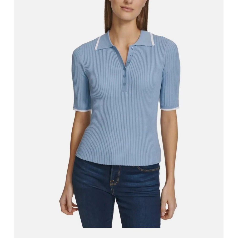 Calvin Klein Jeans Y2K Women's Polo Shirt Short Sleeve Ribbed Knit Top Green‎